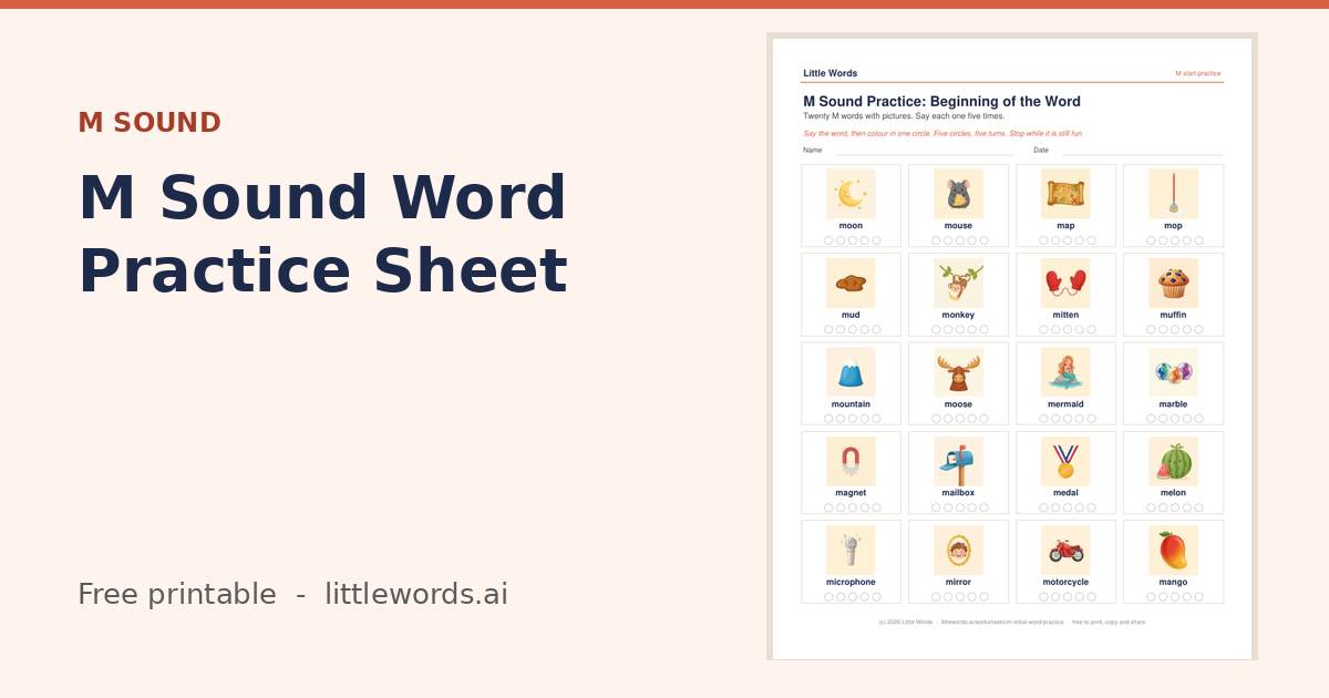 M Sound Word Practice Sheet, a free Little Words printable