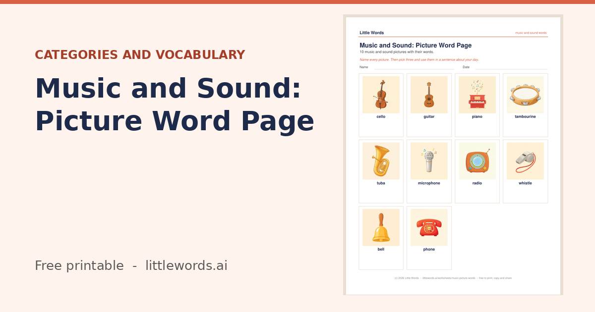 Music and Sound: Picture Word Page, a free Little Words printable