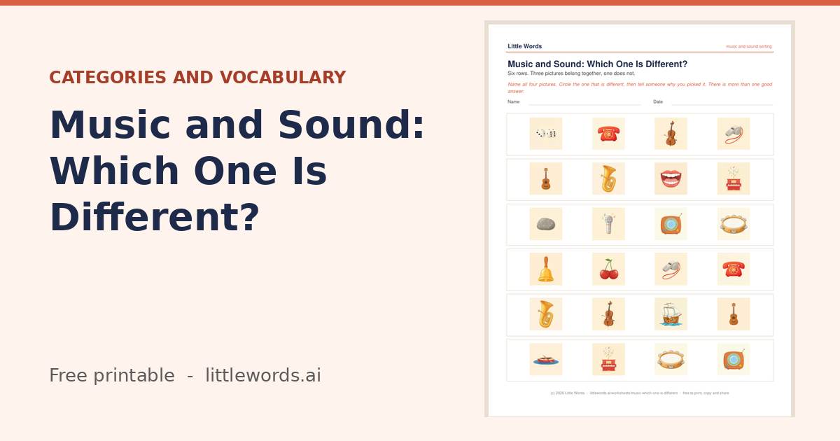 Music and Sound: Which One Is Different?, a free Little Words printable