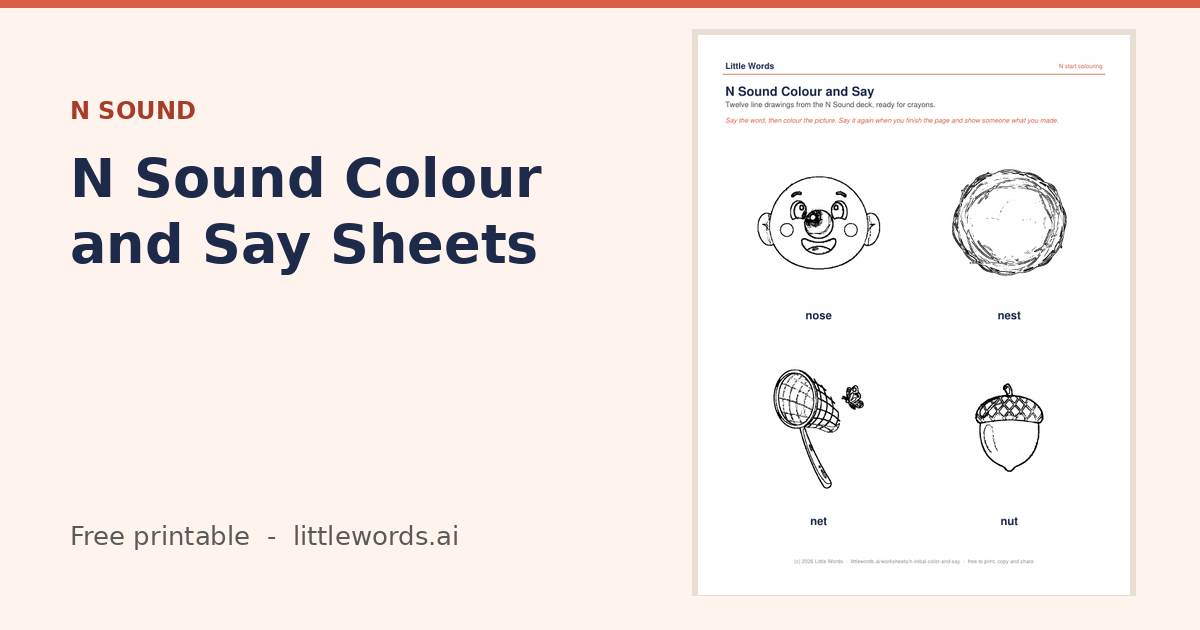 N Sound Colour and Say Sheets, a free Little Words printable