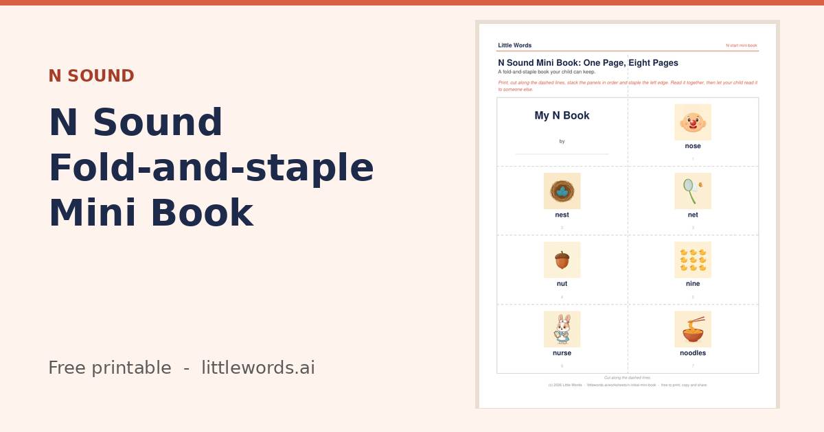 N Sound Fold-and-staple Mini Book, a free Little Words printable
