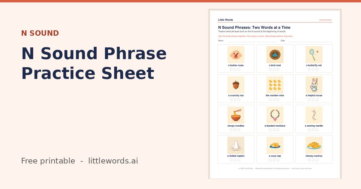 N Sound Phrase Practice Sheet, a free Little Words printable