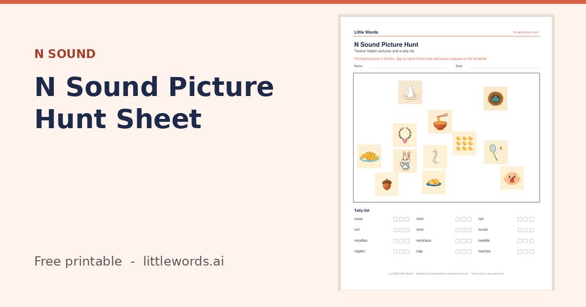 N Sound Picture Hunt Sheet, a free Little Words printable
