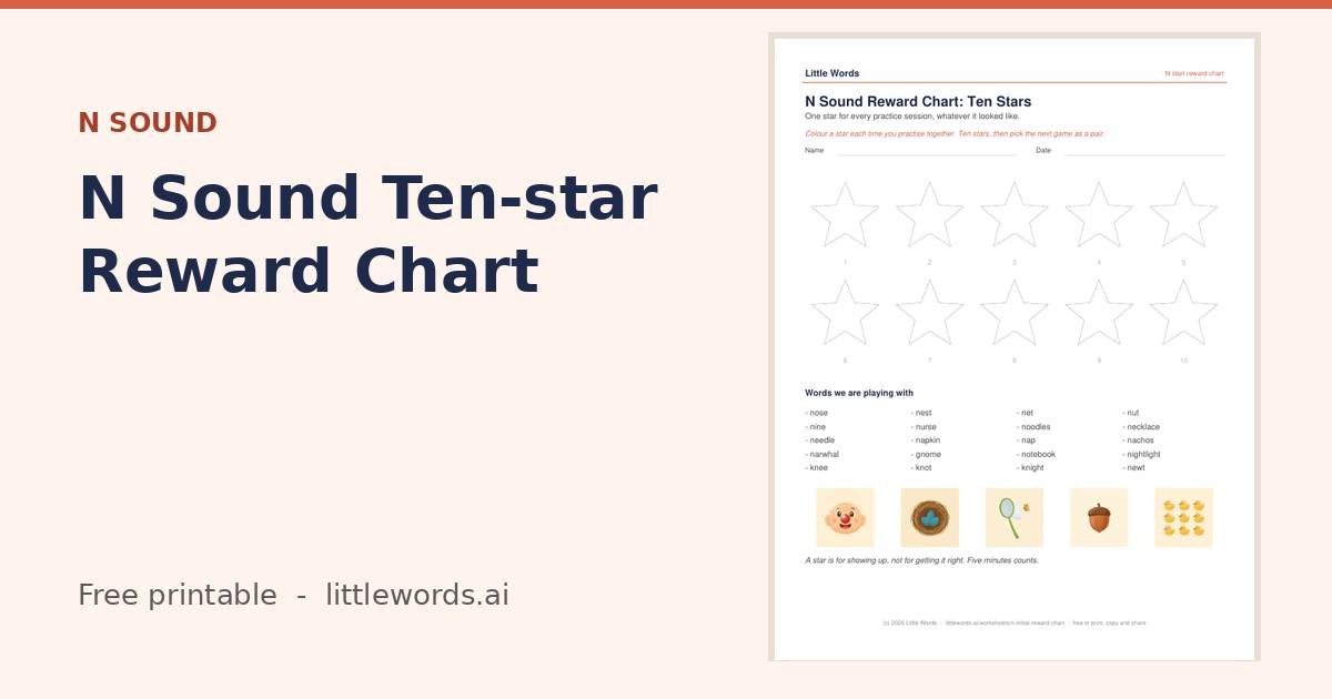 N Sound Ten-star Reward Chart, a free Little Words printable