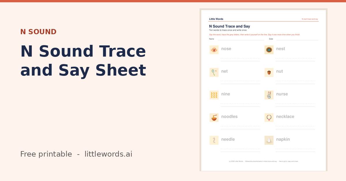 N Sound Trace and Say Sheet, a free Little Words printable