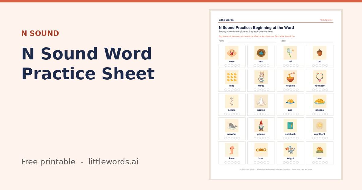 N Sound Word Practice Sheet, a free Little Words printable