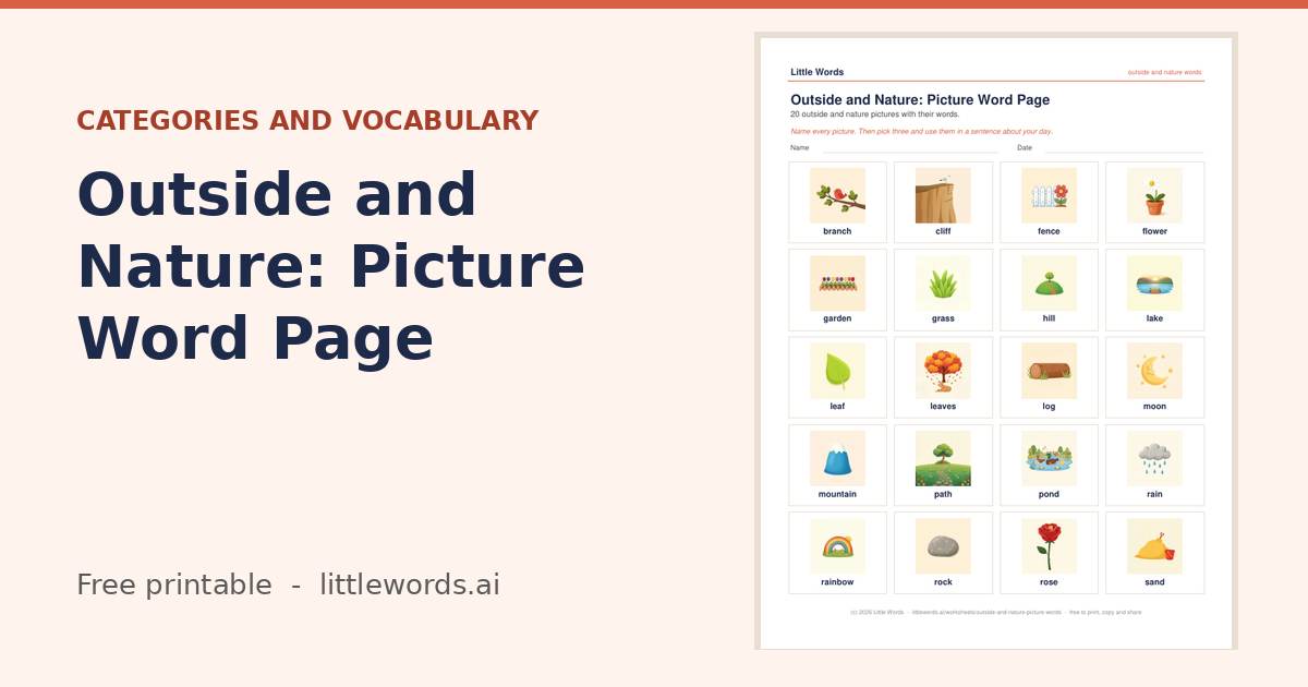 Outside and Nature: Picture Word Page, a free Little Words printable