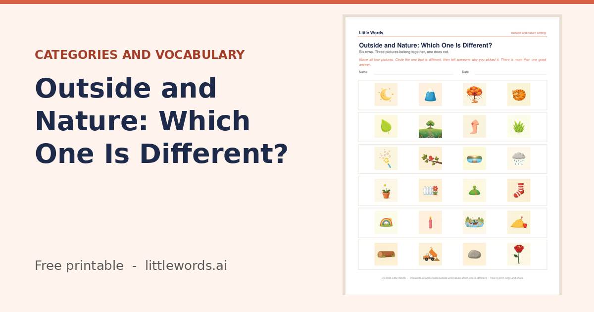 Outside and Nature: Which One Is Different?, a free Little Words printable