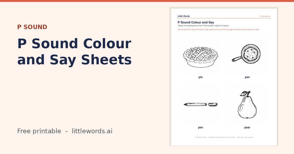P Sound Colour and Say Sheets, a free Little Words printable