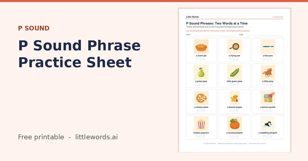 P Sound Phrase Practice Sheet, a free Little Words printable
