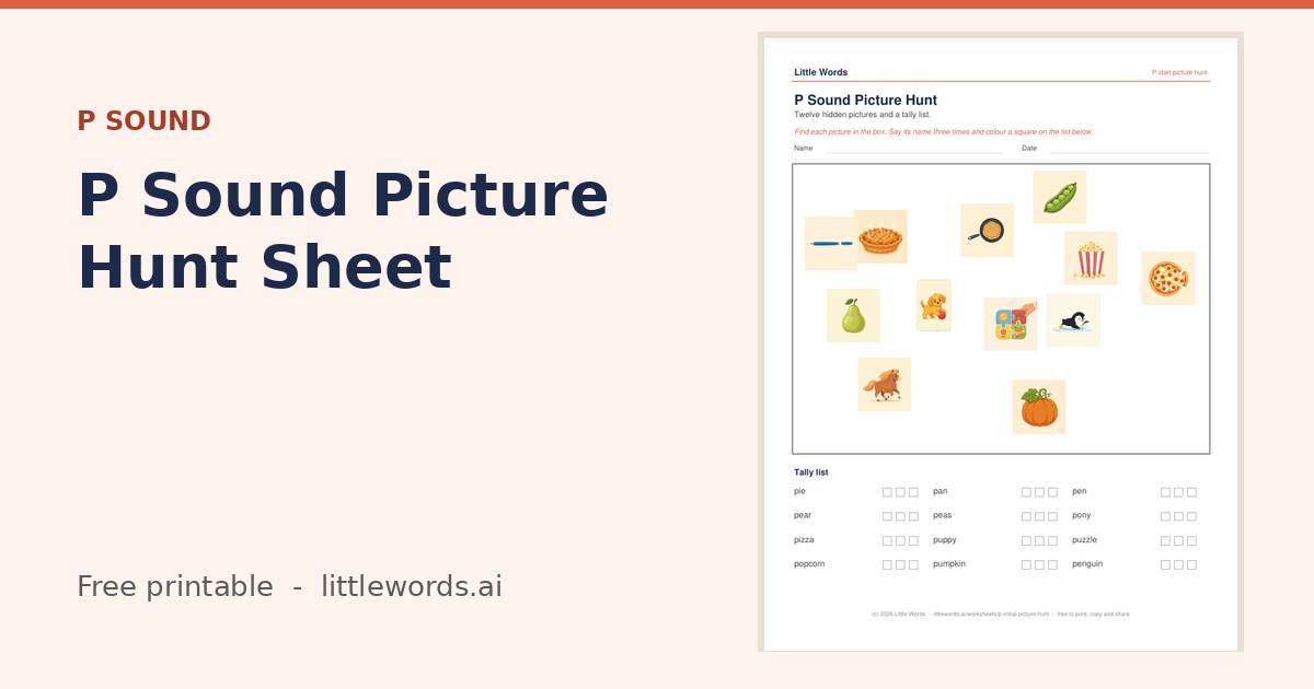 P Sound Picture Hunt Sheet, a free Little Words printable
