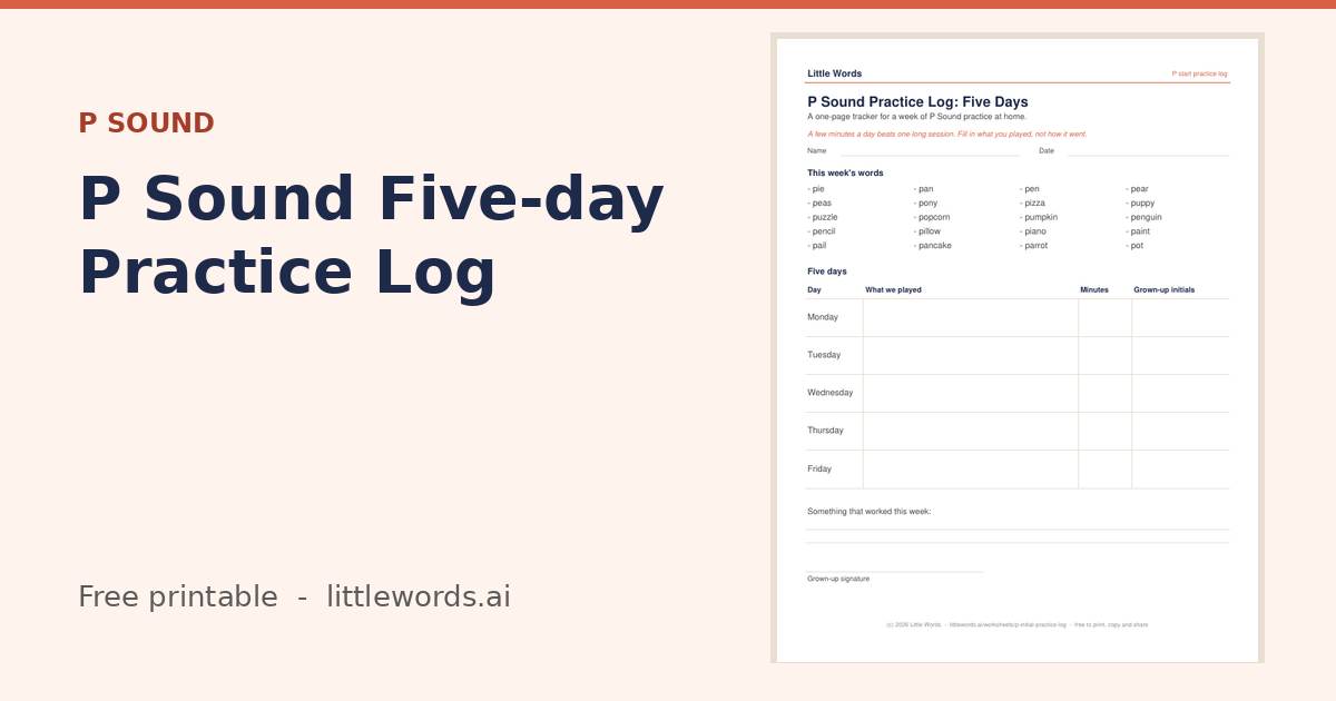 P Sound Five-day Practice Log, a free Little Words printable