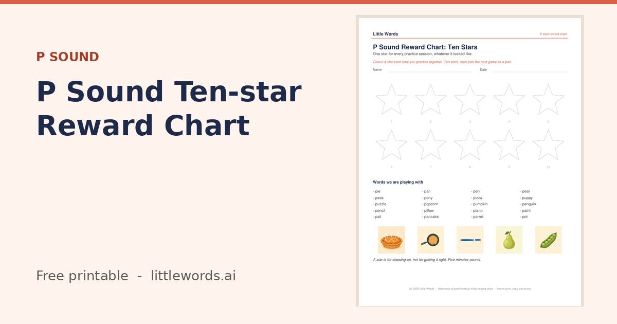 P Sound Ten-star Reward Chart, a free Little Words printable