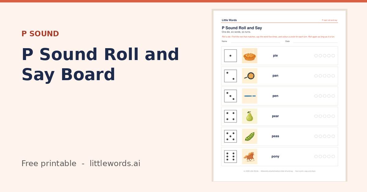 P Sound Roll and Say Board, a free Little Words printable
