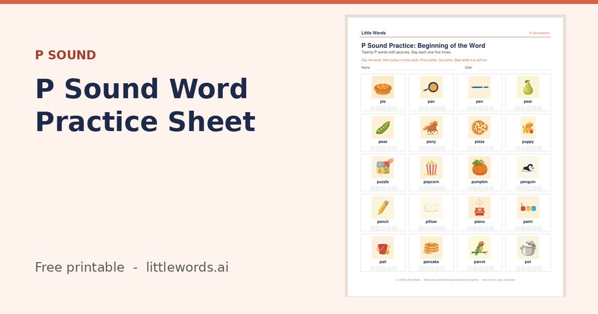 P Sound Word Practice Sheet, a free Little Words printable