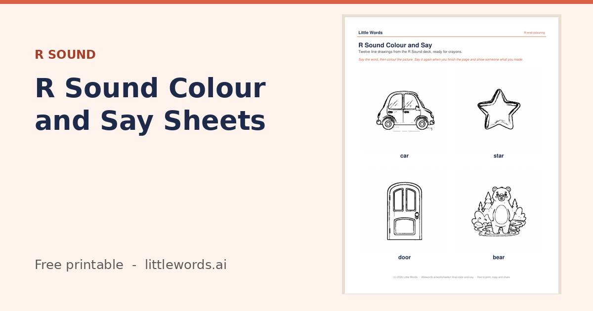 R Sound Colour and Say Sheets, a free Little Words printable