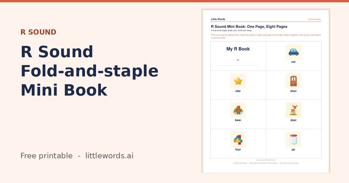 R Sound Fold-and-staple Mini Book, a free Little Words printable