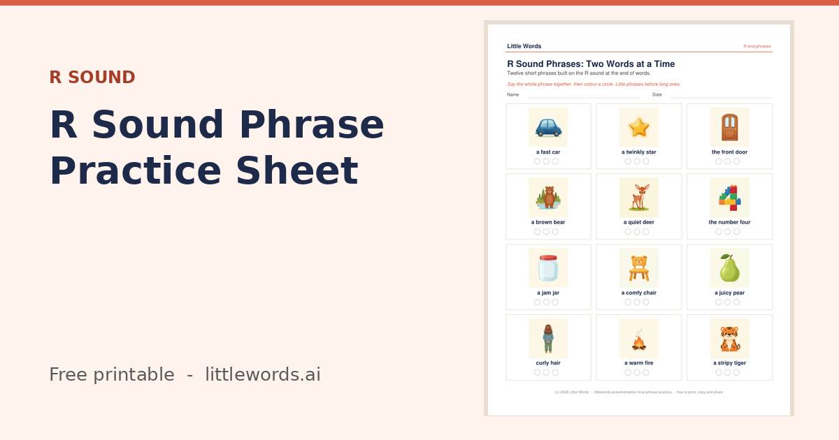 R Sound Phrase Practice Sheet, a free Little Words printable