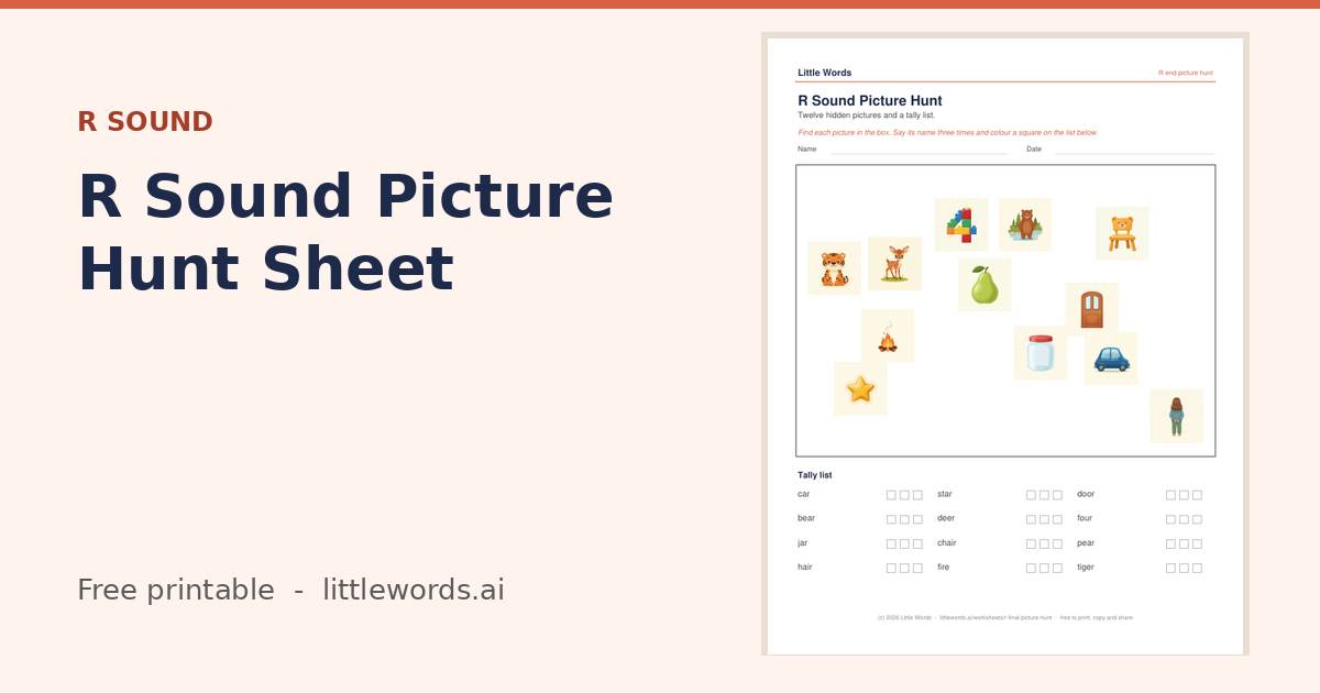 R Sound Picture Hunt Sheet, a free Little Words printable