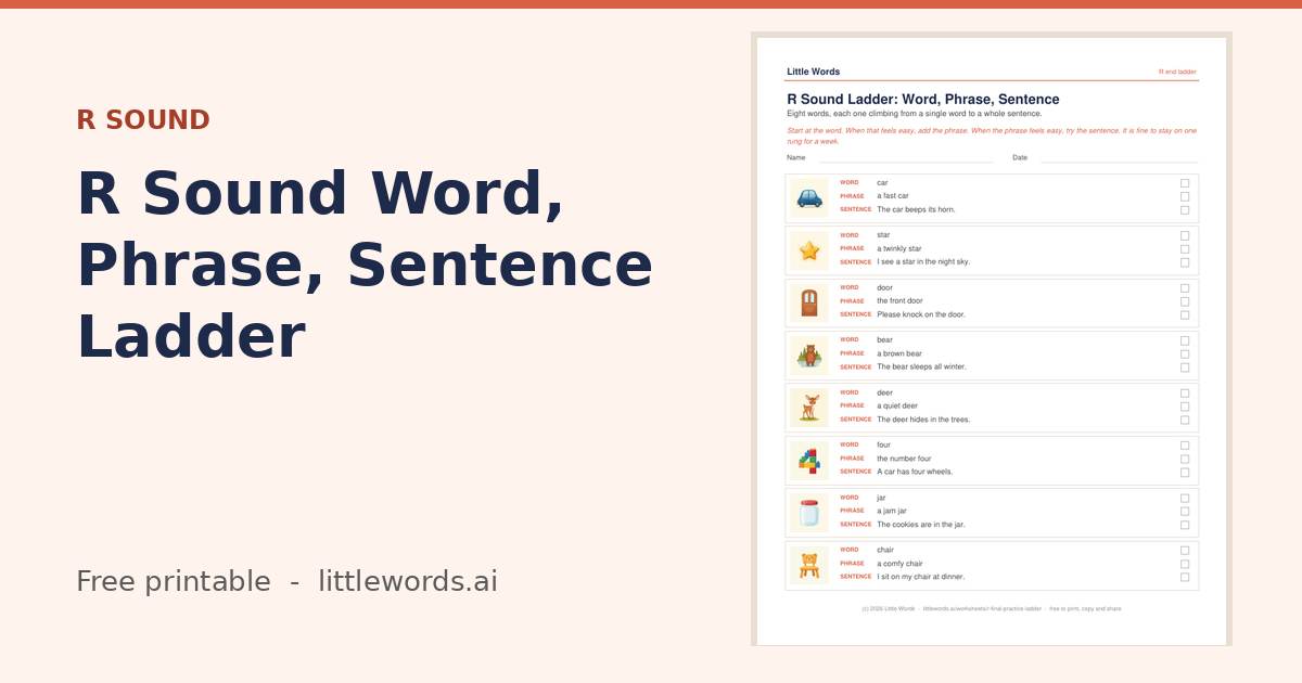 R Sound Word, Phrase, Sentence Ladder, a free Little Words printable