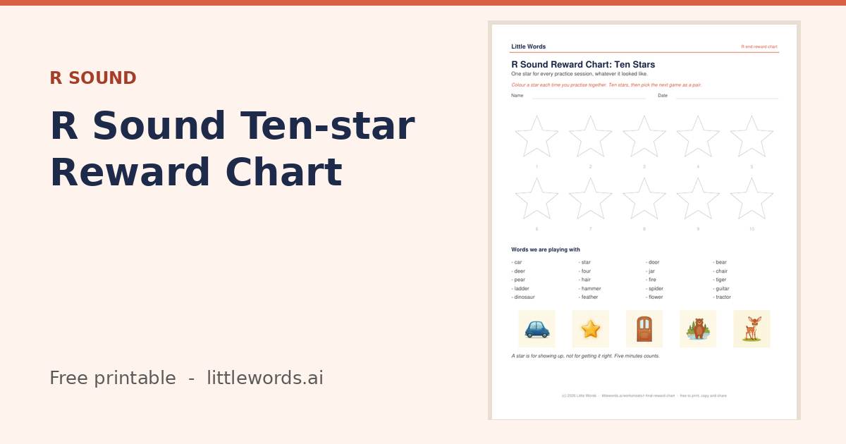 R Sound Ten-star Reward Chart, a free Little Words printable