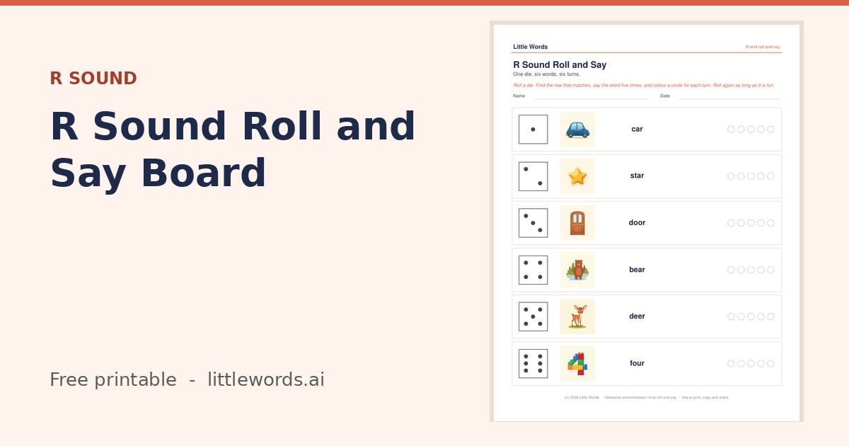 R Sound Roll and Say Board, a free Little Words printable