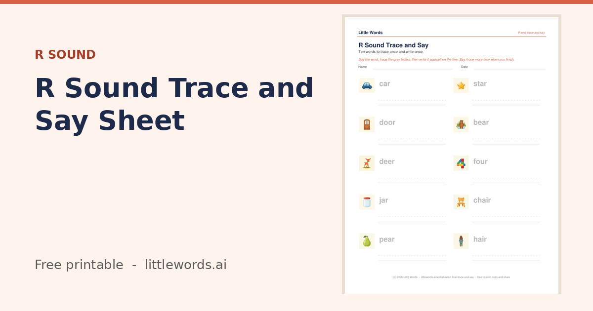 R Sound Trace and Say Sheet, a free Little Words printable