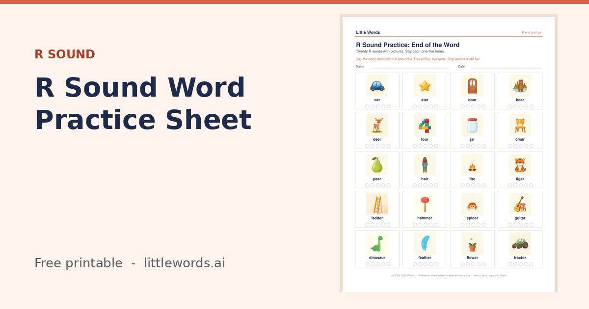 R Sound Word Practice Sheet, a free Little Words printable