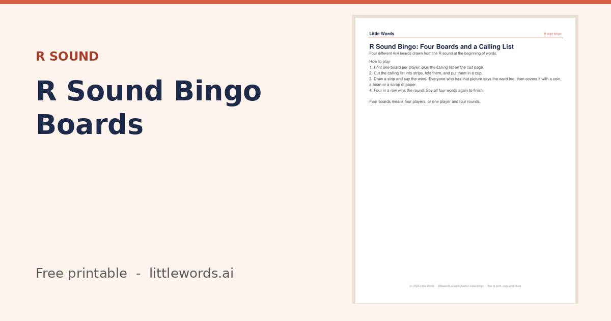 R Sound Bingo Boards, a free Little Words printable