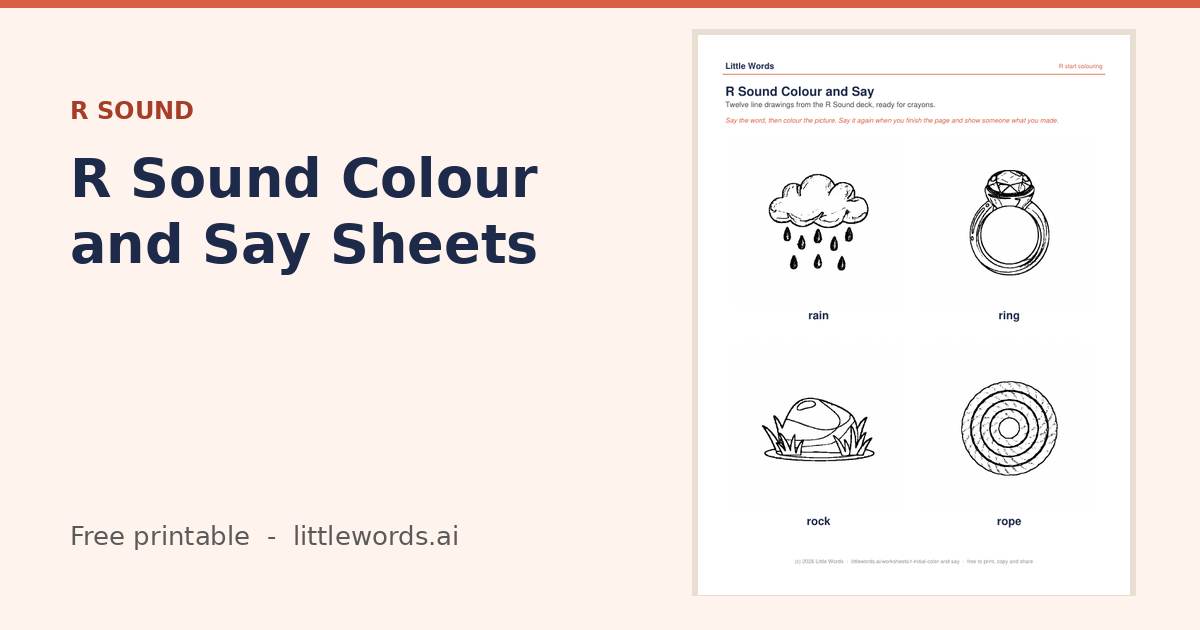 R Sound Colour and Say Sheets, a free Little Words printable
