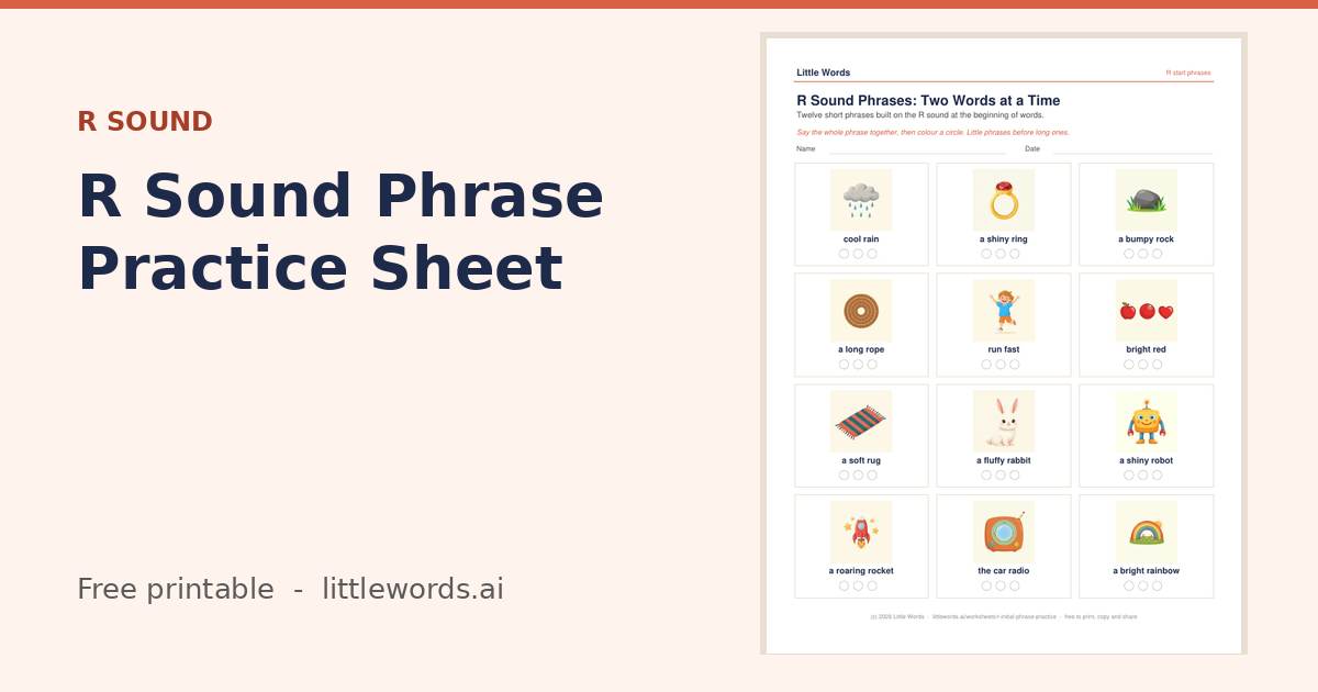 R Sound Phrase Practice Sheet, a free Little Words printable