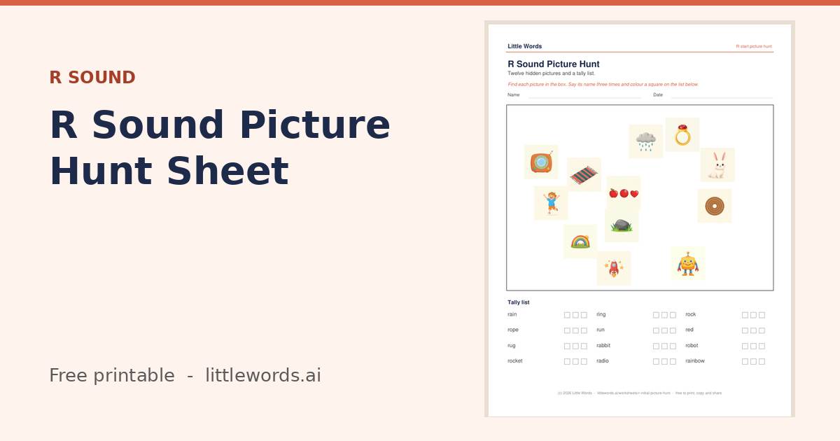 R Sound Picture Hunt Sheet, a free Little Words printable