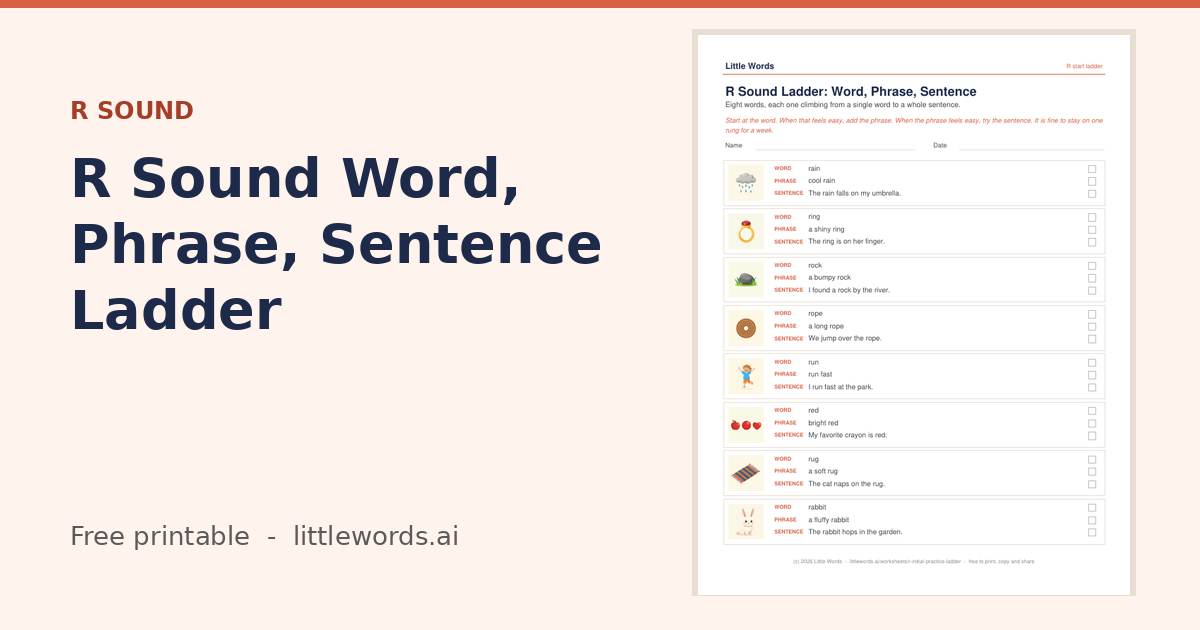 R Sound Word, Phrase, Sentence Ladder, a free Little Words printable
