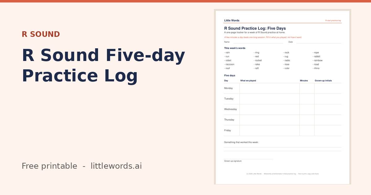 R Sound Five-day Practice Log, a free Little Words printable