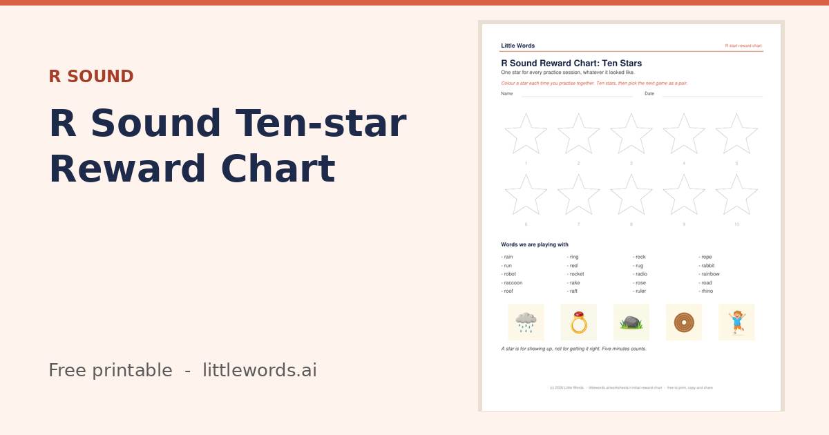 R Sound Ten-star Reward Chart, a free Little Words printable