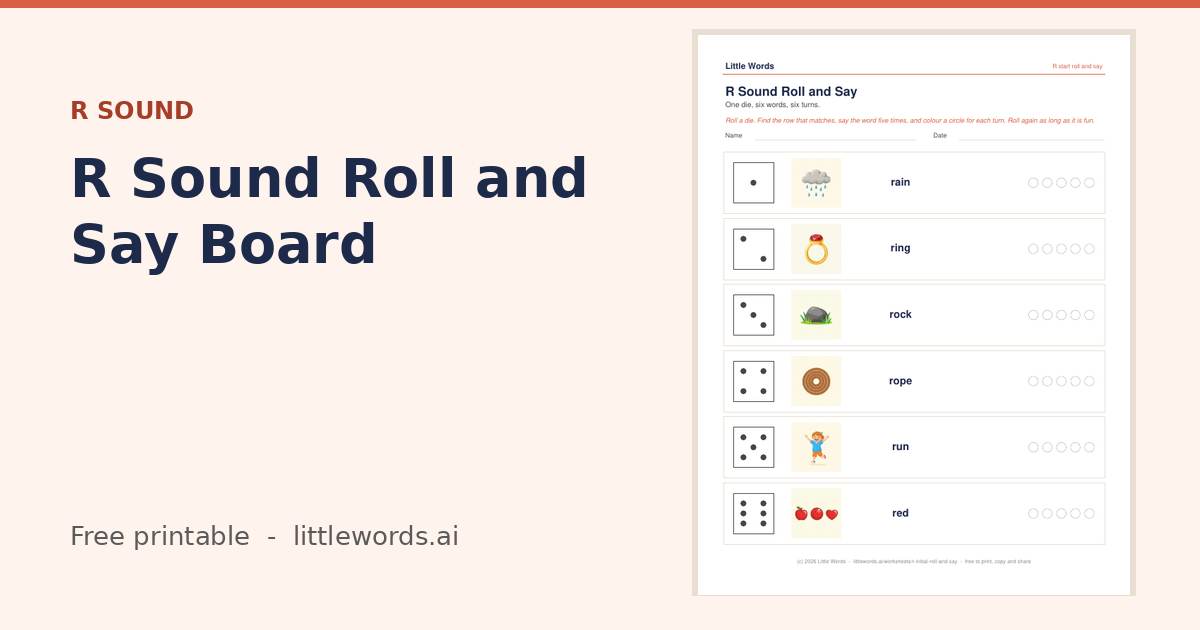 R Sound Roll and Say Board, a free Little Words printable