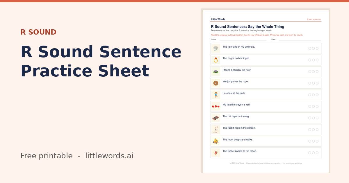 R Sound Sentence Practice Sheet, a free Little Words printable