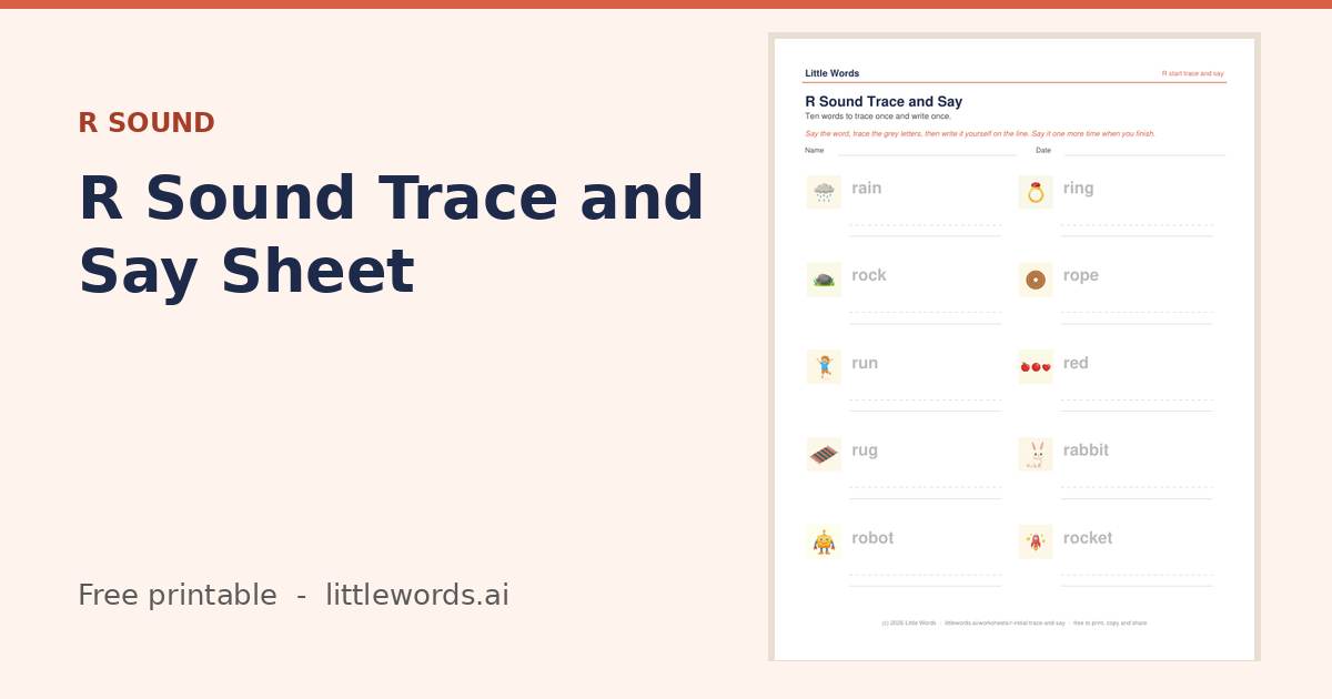 R Sound Trace and Say Sheet, a free Little Words printable