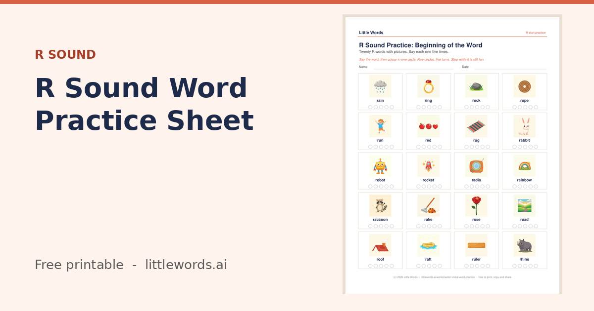R Sound Word Practice Sheet, a free Little Words printable