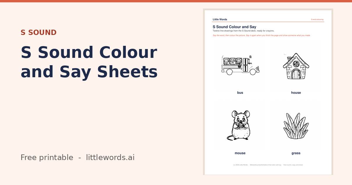 S Sound Colour and Say Sheets, a free Little Words printable