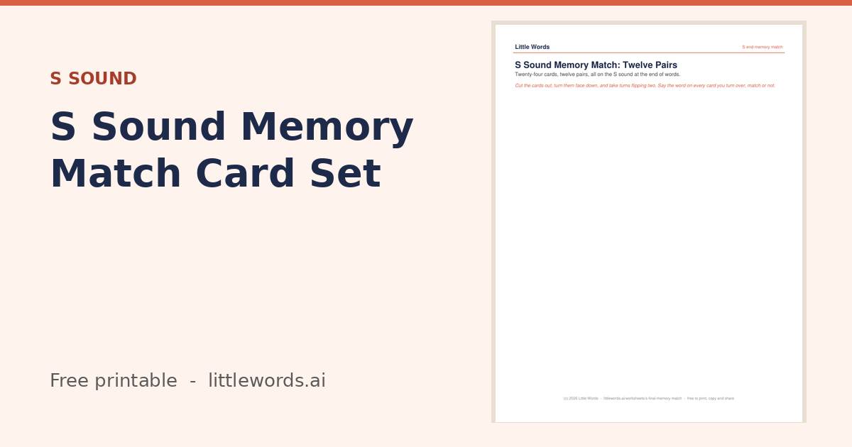S Sound Memory Match Card Set, a free Little Words printable