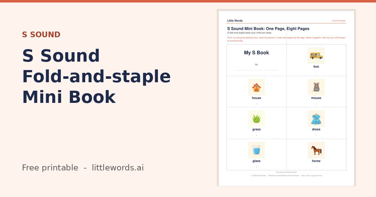 S Sound Fold-and-staple Mini Book, a free Little Words printable