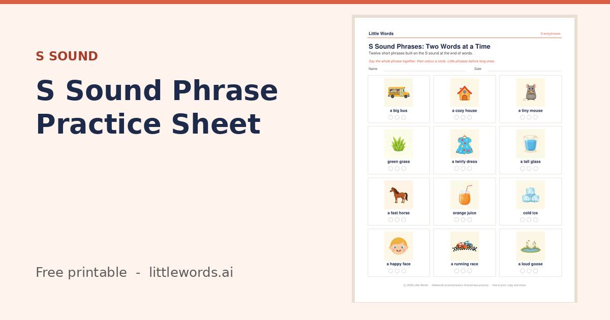 S Sound Phrase Practice Sheet, a free Little Words printable