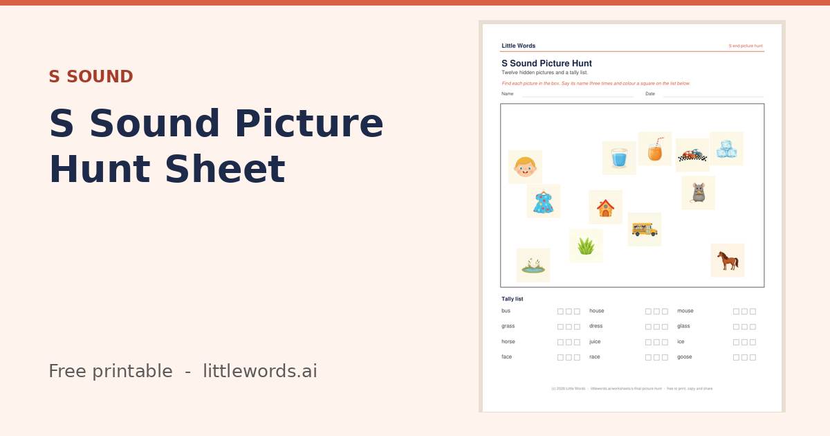 S Sound Picture Hunt Sheet, a free Little Words printable