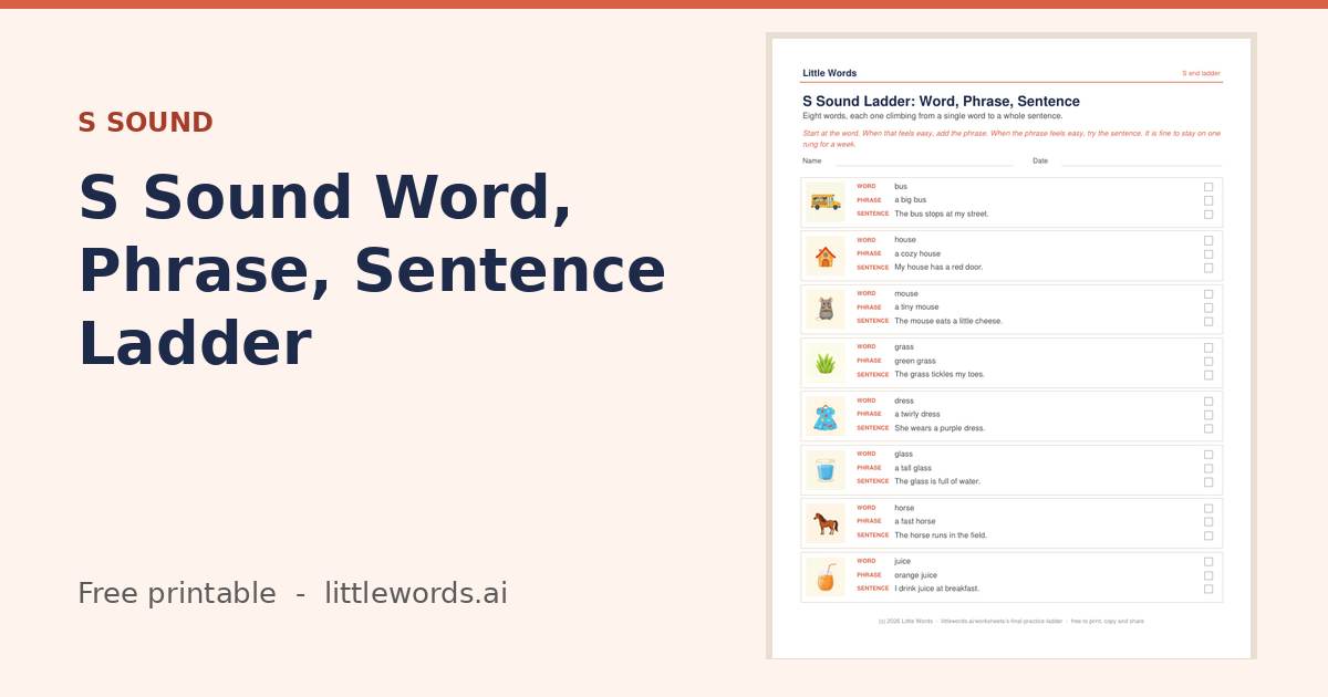 S Sound Word, Phrase, Sentence Ladder, a free Little Words printable