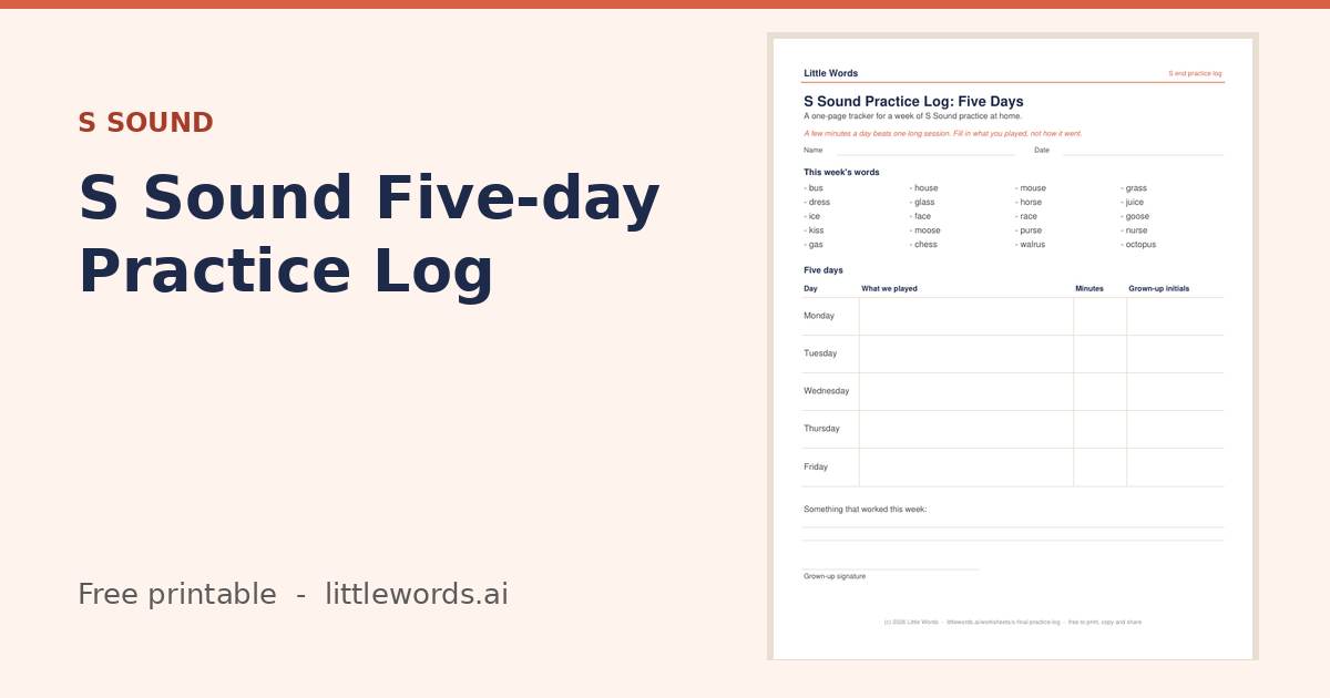 S Sound Five-day Practice Log, a free Little Words printable
