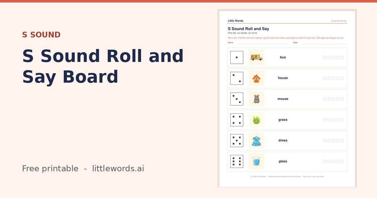 S Sound Roll and Say Board, a free Little Words printable