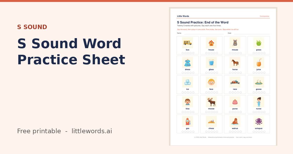 S Sound Word Practice Sheet, a free Little Words printable