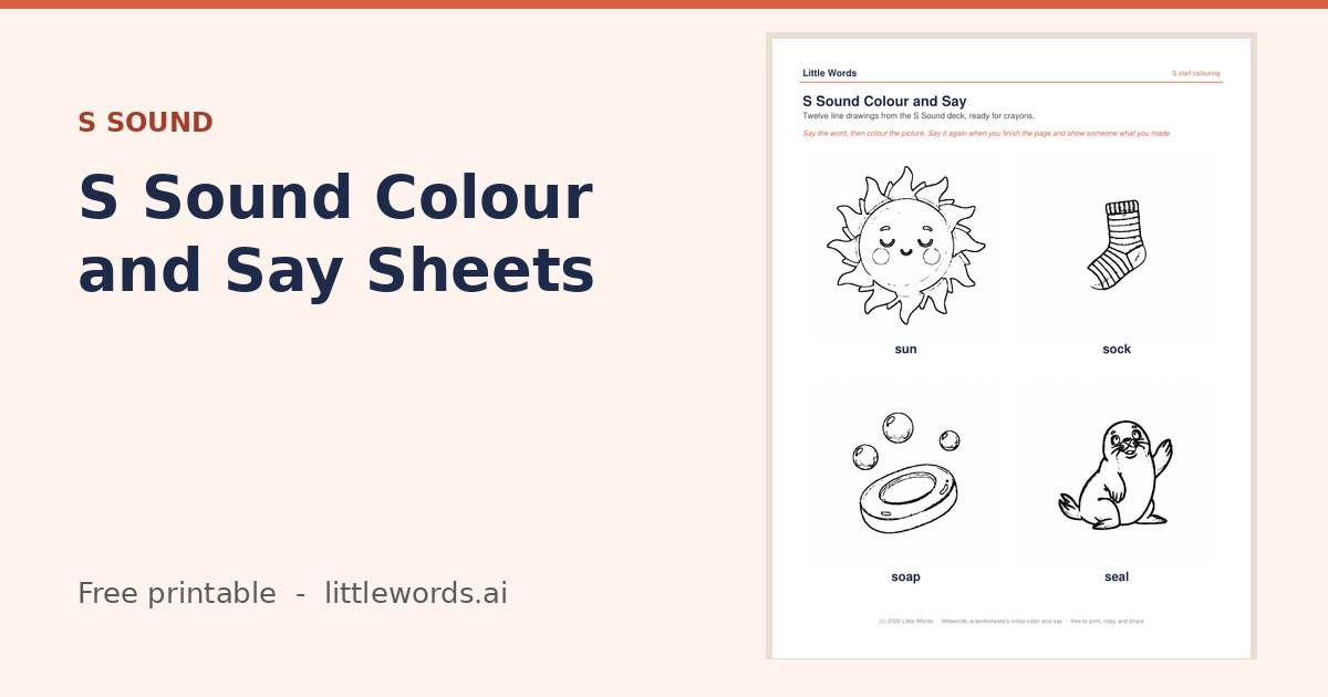 S Sound Colour and Say Sheets, a free Little Words printable