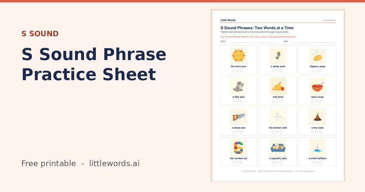 S Sound Phrase Practice Sheet, a free Little Words printable